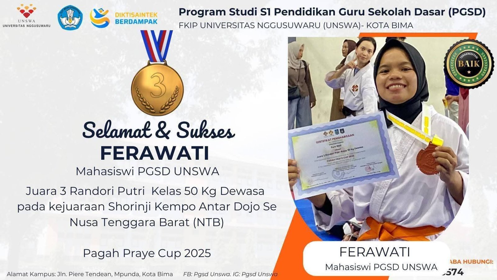 You are currently viewing Mahasiswi PGSD UNSWA, Sabet Juara 3 Shorinji Kempo Se-NTB