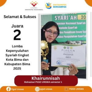 Read more about the article Mahasiswi PGSD UNSWA Raih Juara 6 Lomba Kepenyuluhan Syariah Tingkat Kota dan Kabupaten Bima 2025